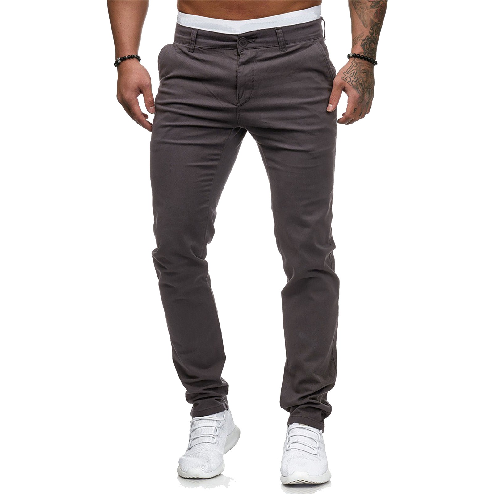 thumbnail image 4 of Pantalones informales lisos de talla grande para hombre, cintura ajustada, botones/bolsillos/cremallera decorativos, algodón, tallas M-XXXL, 4 of 8